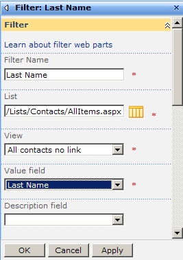 SharePoint List Filter error - modifica delle proprietà della web part filtro