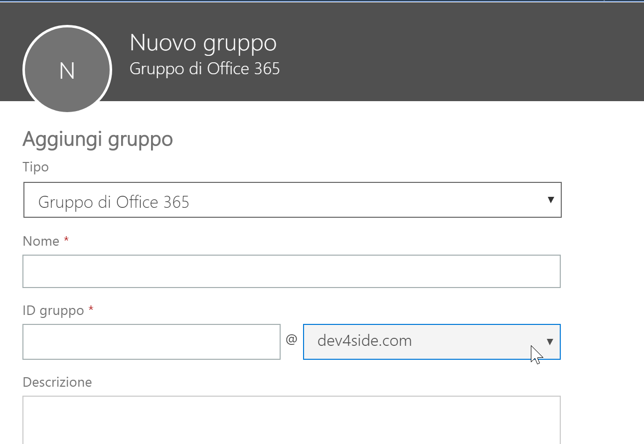 Creazione di un nuovo gruppo Office 365