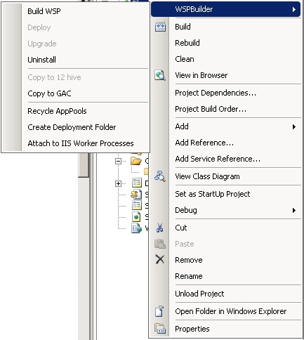 WSPBuilder menu contestuale al progetto